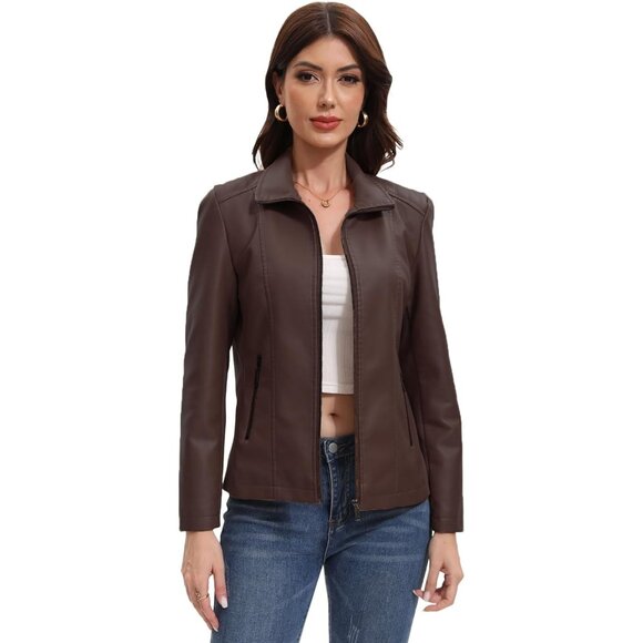 Women Coffee Faux Leather Motorcycle Jacket Zip Up Trendy Going Out Coat - Picture 2 of 6